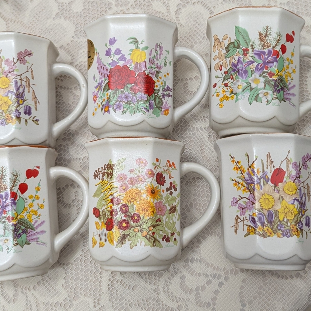 BNWT Set of 6 Handcrafted Colorful Floral Mugs by Northcraft - Vintage